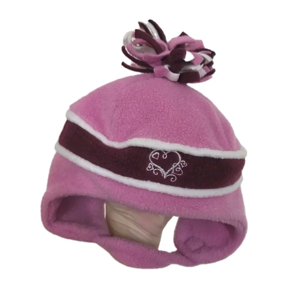 The Childrens Place Winter Hat 18-24M Chin Strap Pom Pom Fleece Heart Y2K Vtg